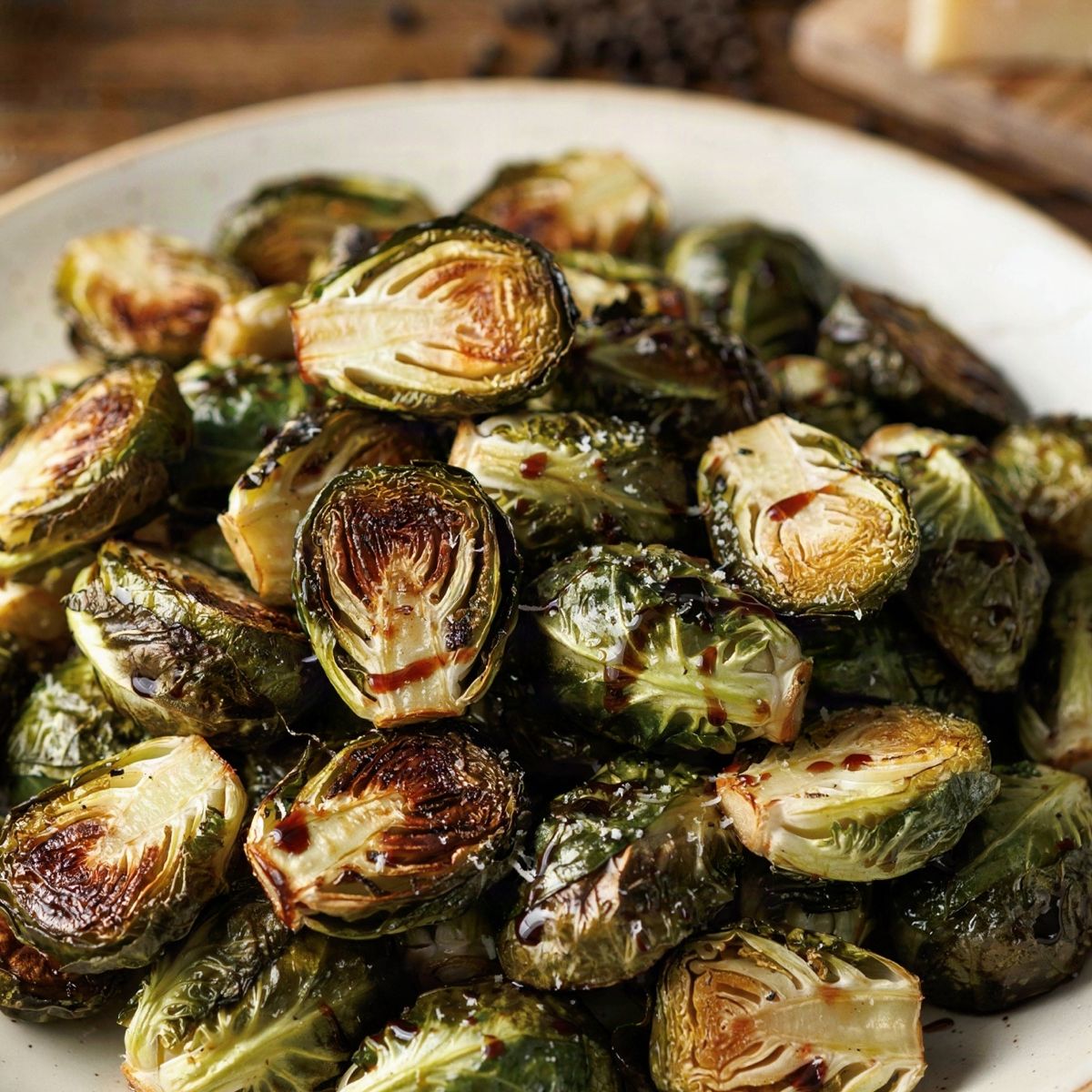 Roasted Brussels sprouts on a cream plate, the cut faces browned to deep mahogany, drizzled with a thin balsamic glaze and dusted with finely grated Parmesan.