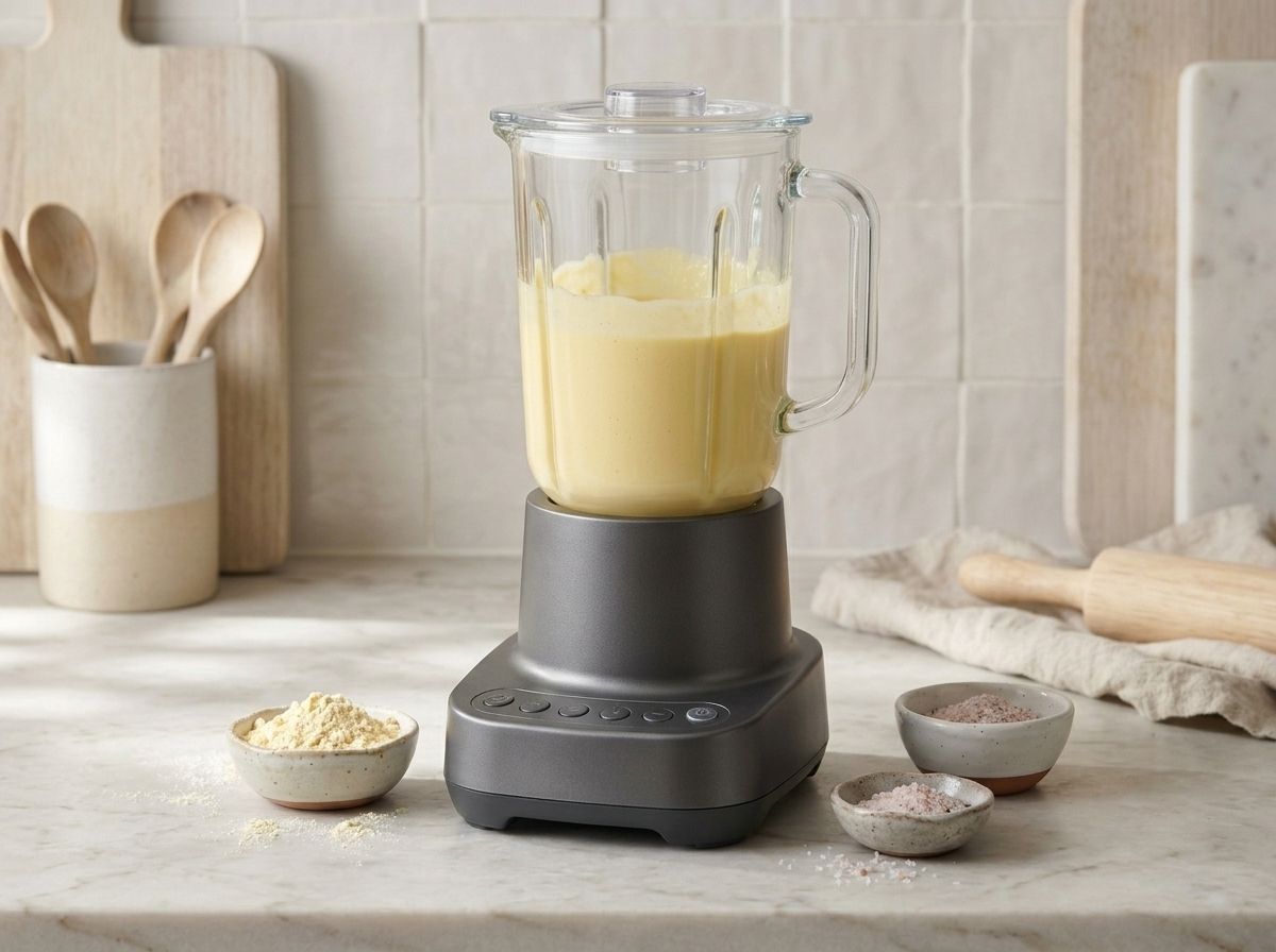 Freshly blended tofu custard in a blender jug, pale yellow and thick enough to coat the glass.