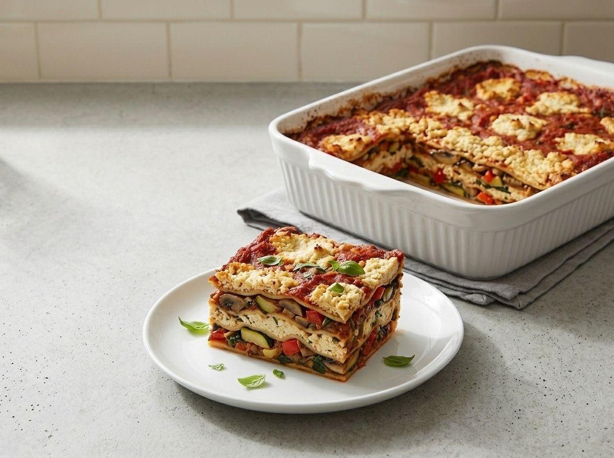 A square slice of lasagna holding its shape after resting, the layers visible in the cut face