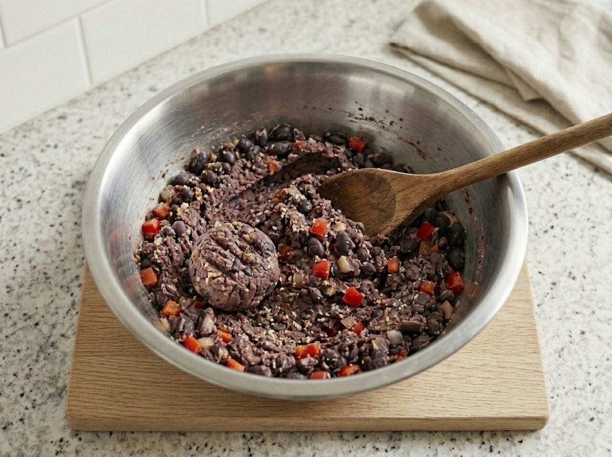 The bean mixture folded together with breadcrumbs, a squeezed lump holding its shape to show it will bind.