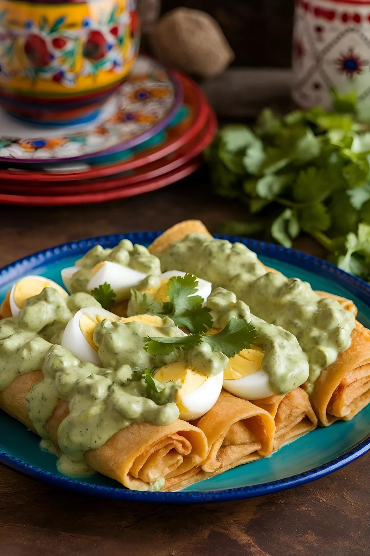 A serving of papadzules with corn tortillas filled with eggs and topped with pumpkin seed sauce, garnished with cilantro.