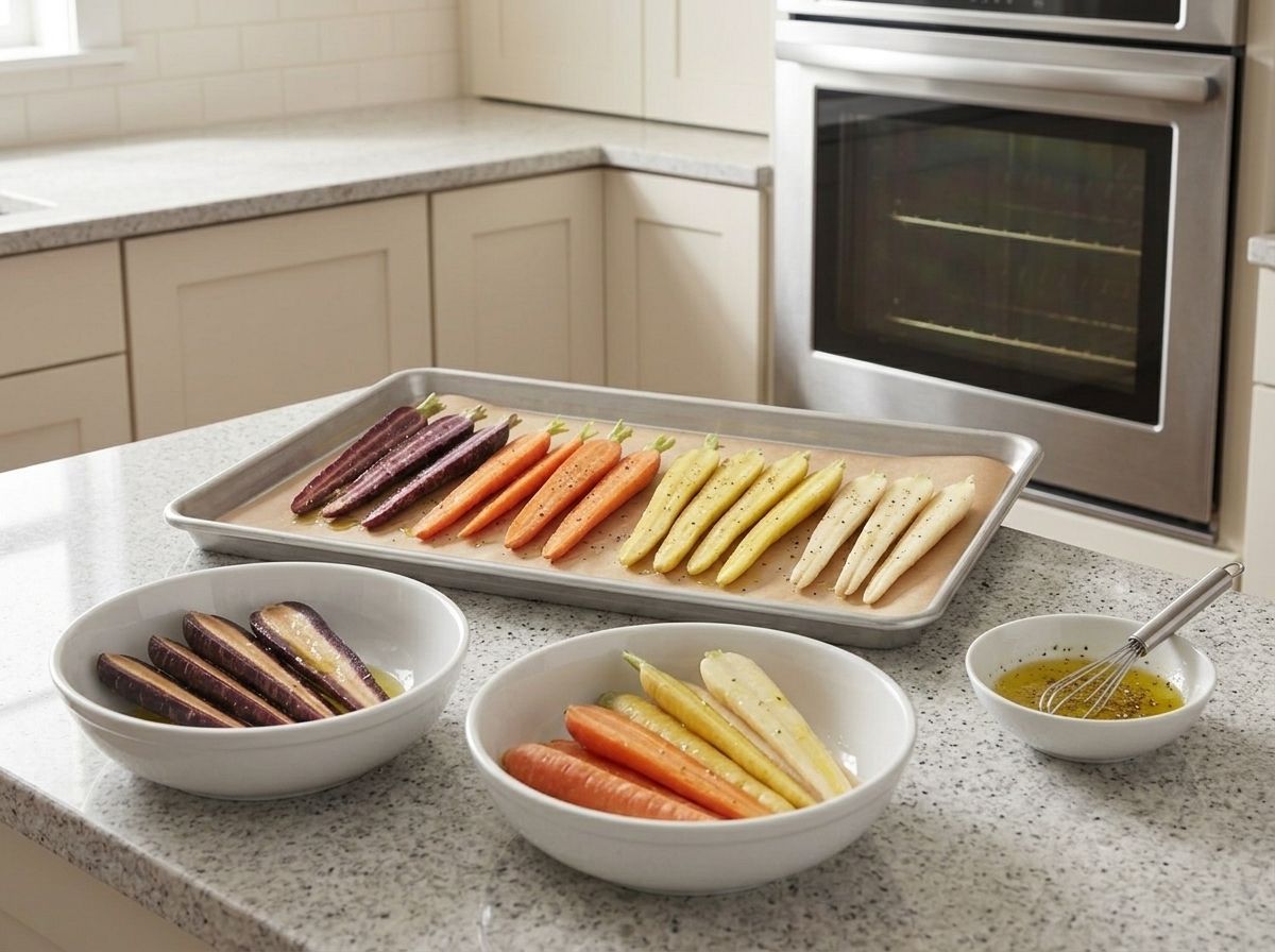 Oiled rainbow carrot halves laid cut face down on the lined sheet, the purple ones tossed in their own bowl