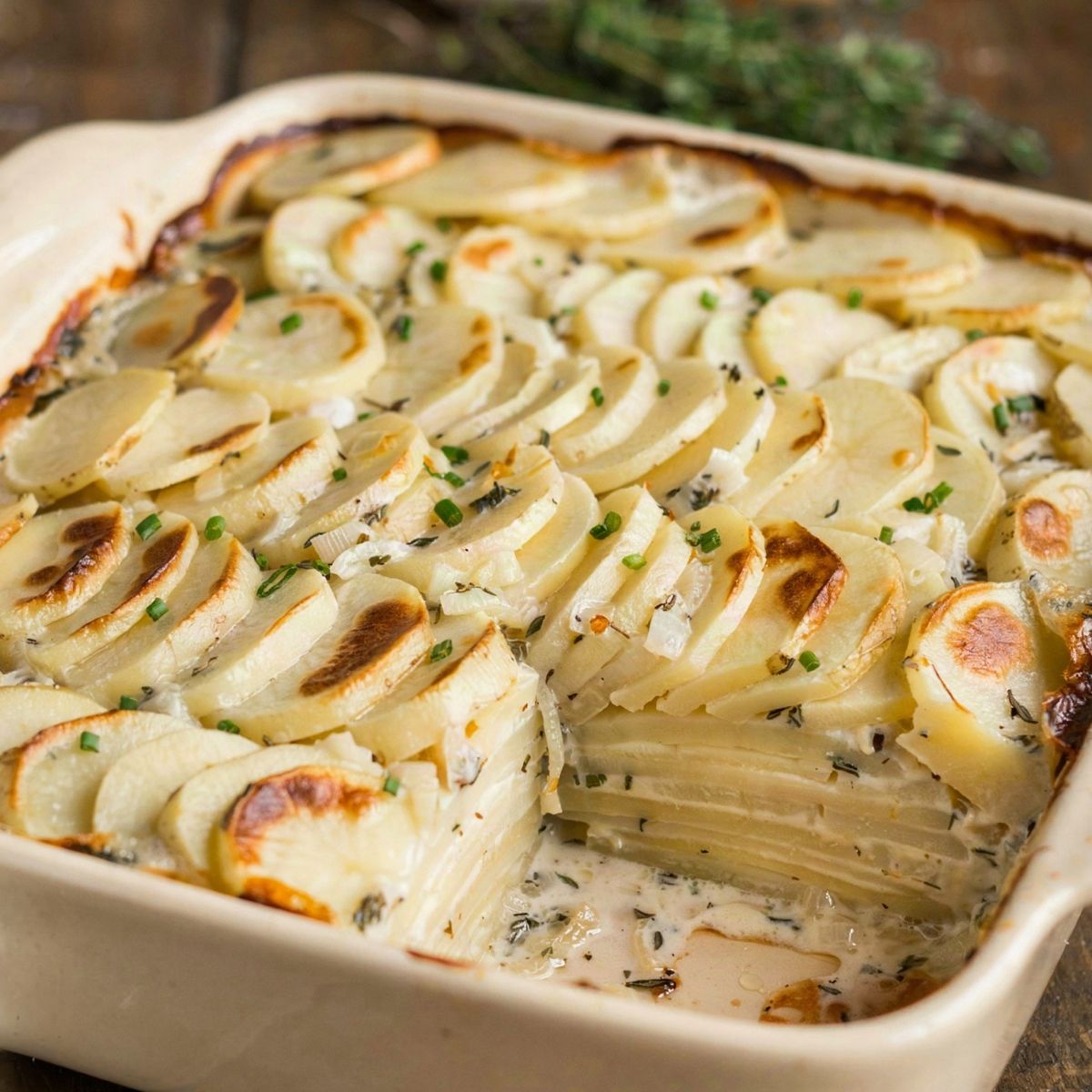 Vegan scalloped potatoes in a cream stoneware baking dish, wafer-thin rounds of potato in overlapping rows under a thick ivory sauce flecked with thyme, browned in patches on top and scattered with chives, with one corner portion lifted out to show a dozen thin layers inside.