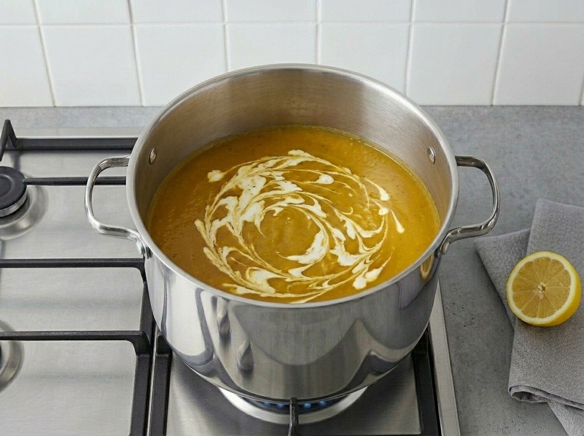 Cream swirled into the smooth butternut squash soup before the acid goes in off the heat