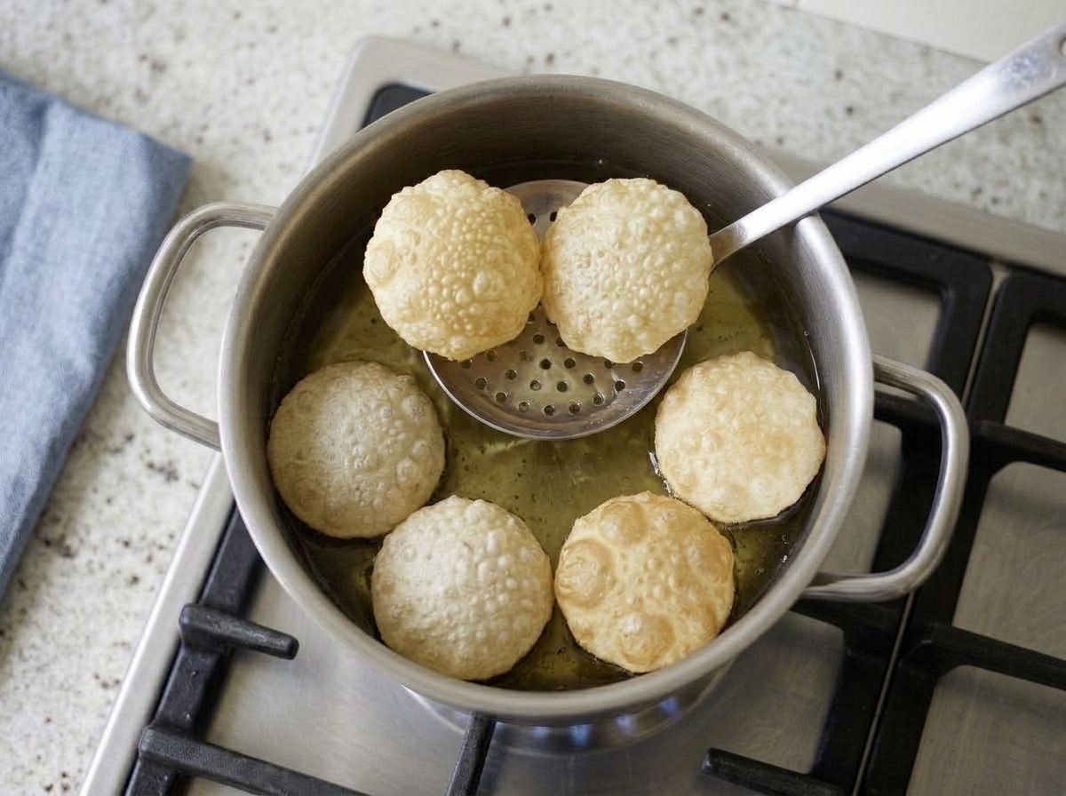 Puffed hollow puris fried to an even pale gold, two being lifted from the oil with a slotted spoon.