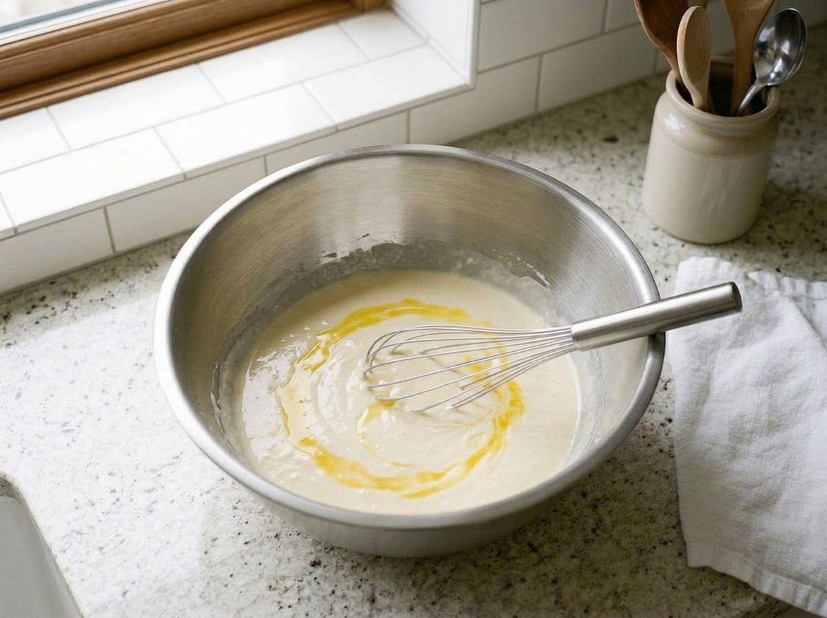 Whisked eggs and sour cream in a steel bowl with a ribbon of cooled melted butter half stirred in.