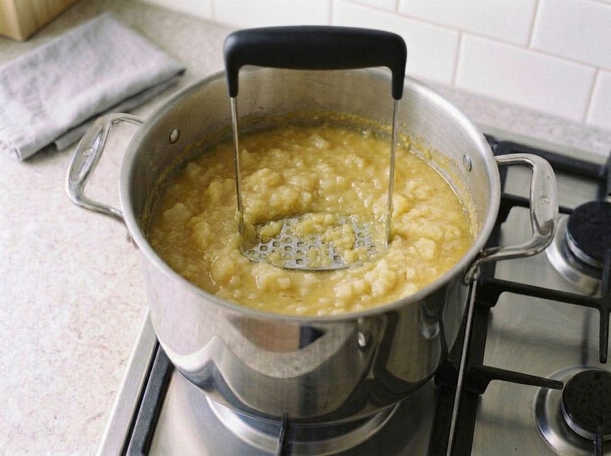 The cooked potatoes being mashed in the pot with a potato masher, thick and coarse with soft lumps still whole