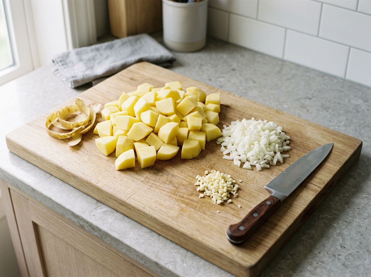 Peeled Yukon Gold potatoes cut into even chunks on a wooden board, with finely chopped onion and minced garlic ready beside them