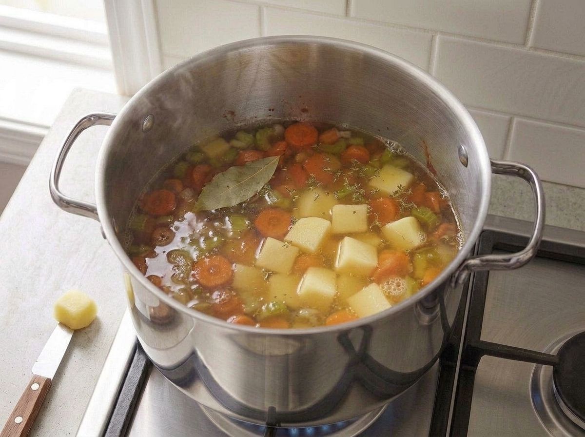 The soup at a bare simmer with the potato cubes rounding off, and a paring knife beside the hob holding a tested cube
