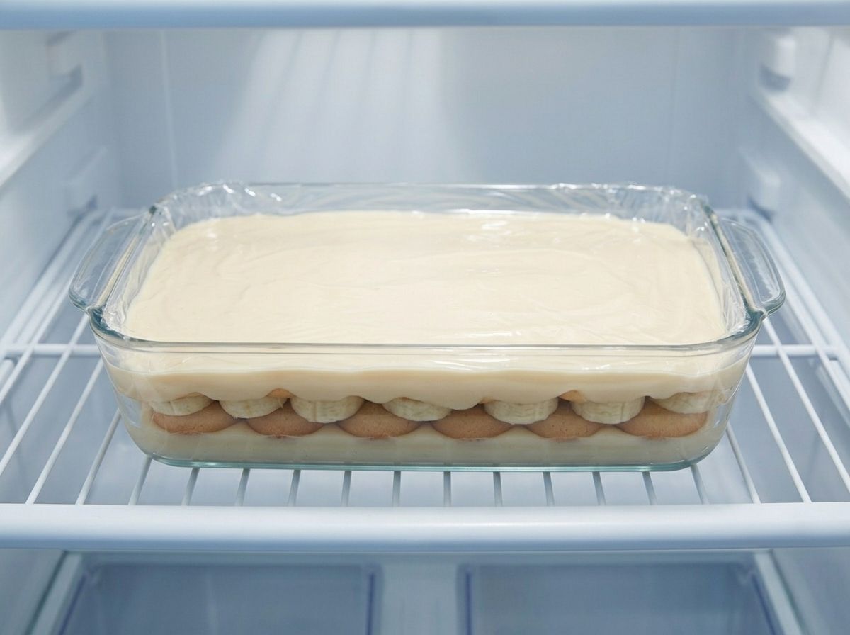 The finished dish under plastic wrap pressed onto the pudding surface, chilling in the fridge