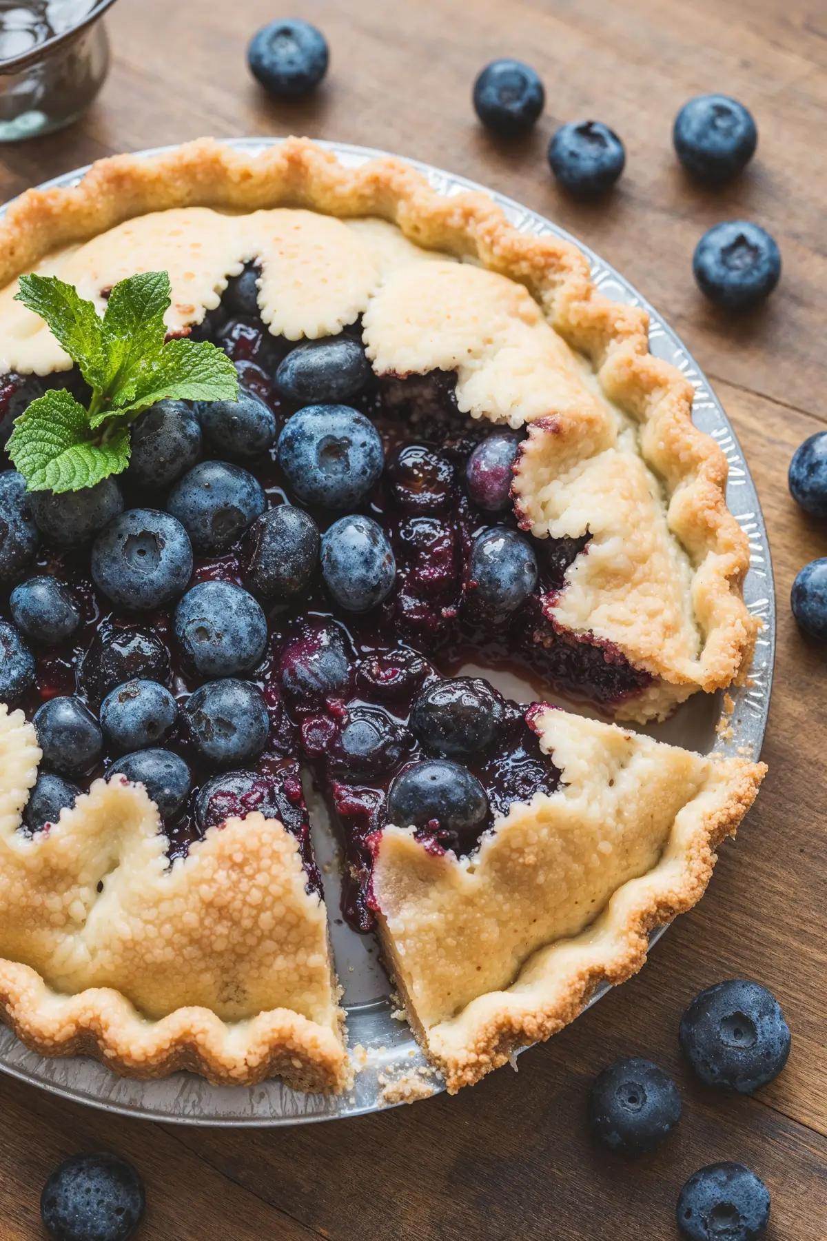 A golden brown vegan blueberry pie with a slice cut out, showcasing the juicy filling, on a rustic wooden table.