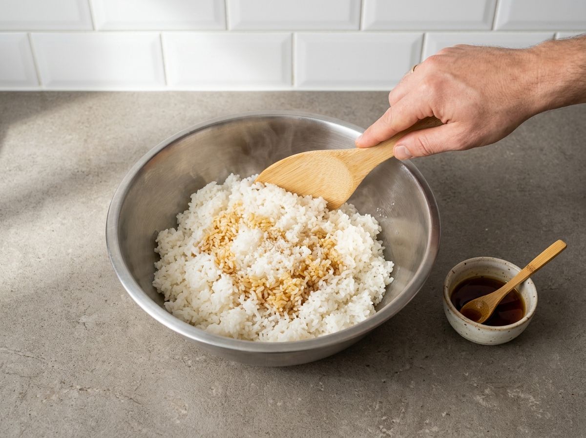 Hot rice turned into a wide bowl and folded with sesame oil and salt using a rice paddle in cutting strokes.