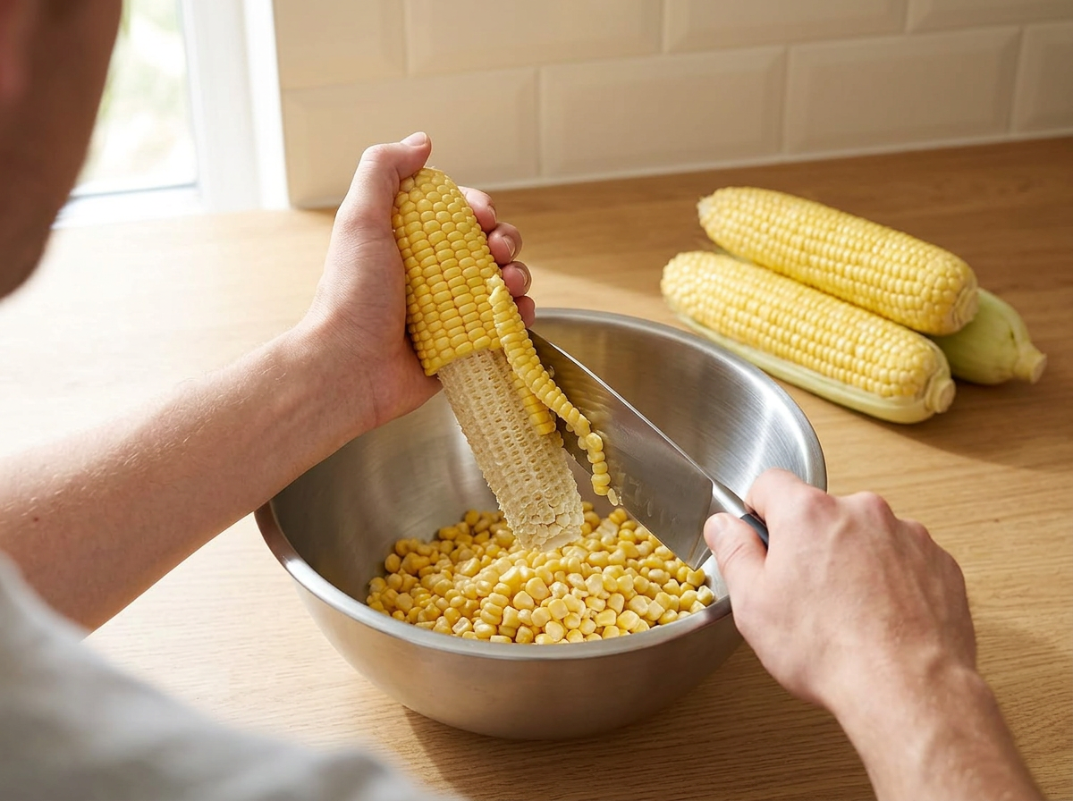 Left hand holding an ear of sweet corn upright in a stainless steel bowl while the right hand cuts the kernels off the cob with a chef's knife.