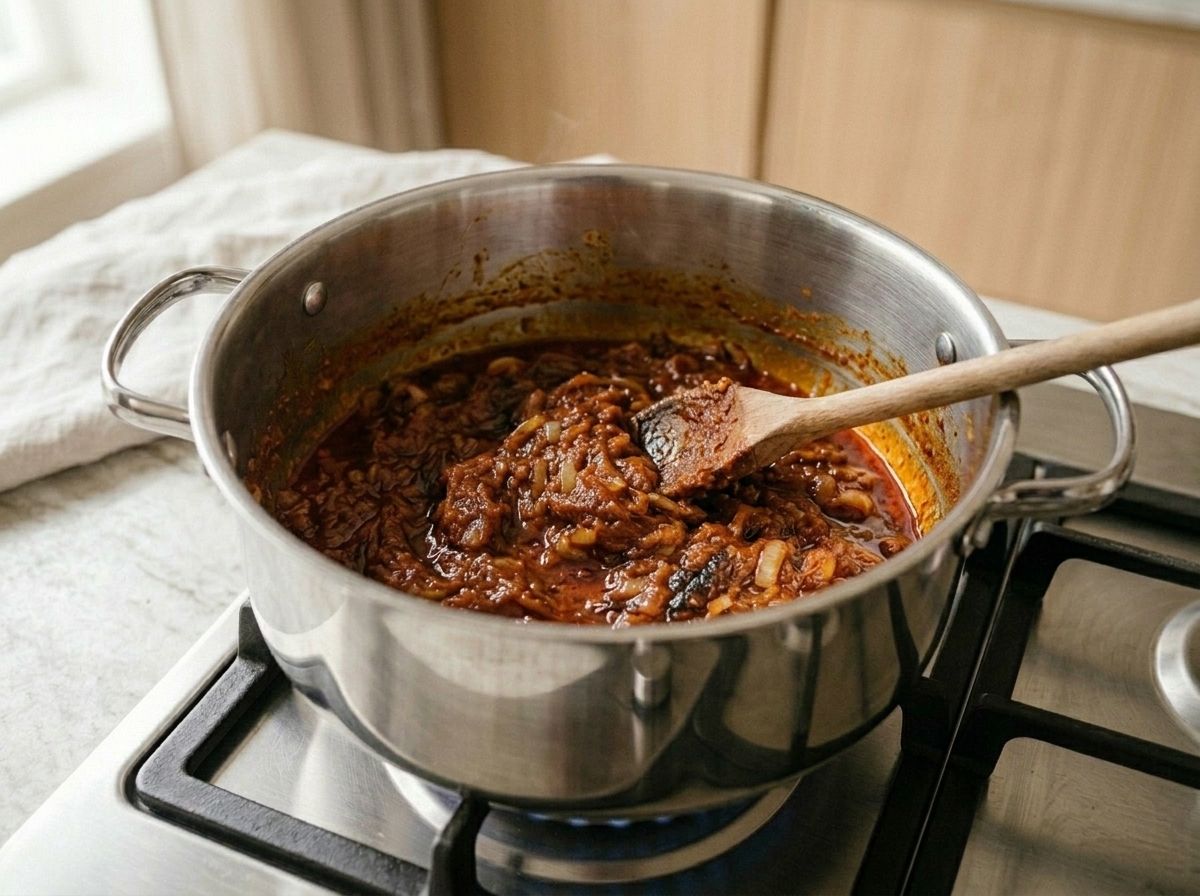 Vindaloo paste frying in the pot until it darkens to deep rust and red oil beads out around the edge