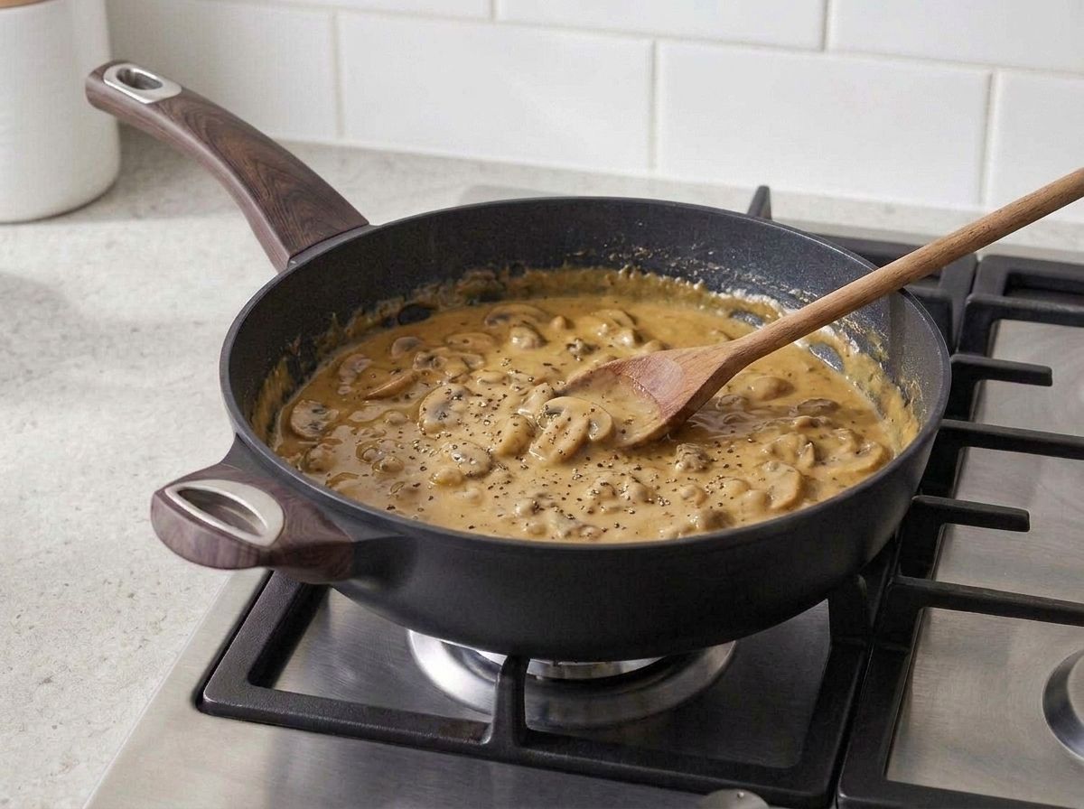 Soy sauce and miso stirred into the mushroom sauce off the heat, darkening it.