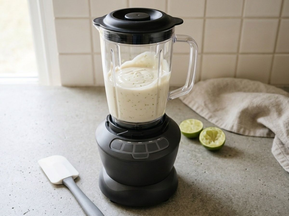 Pale ivory cashew and lime filling blended smooth in a blender jug