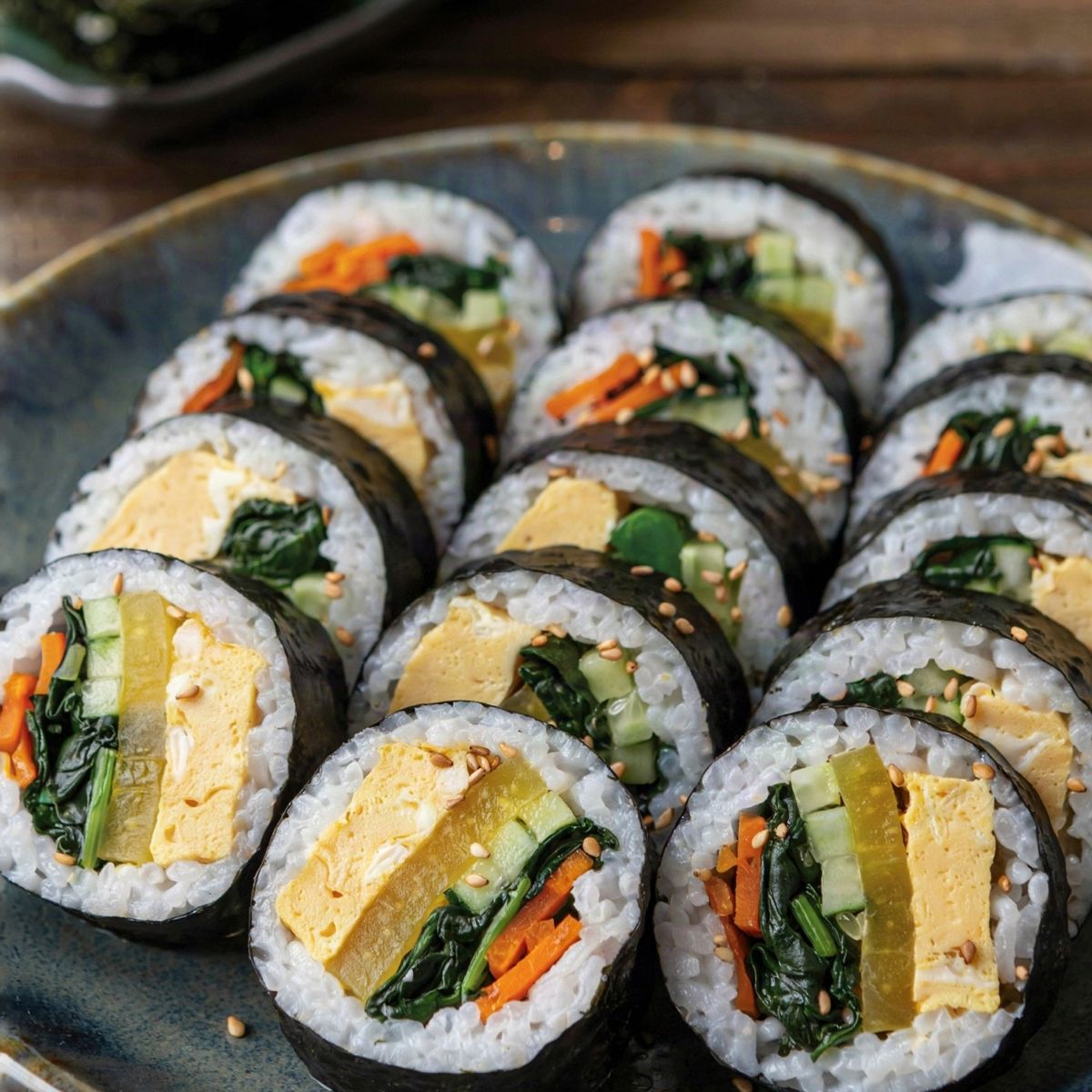 Vegetarian kimbap slices arranged cut side up on a dark ceramic platter, each showing egg, yellow pickled radish, spinach, carrot and cucumber inside a ring of white rice and black seaweed, scattered with sesame seeds.