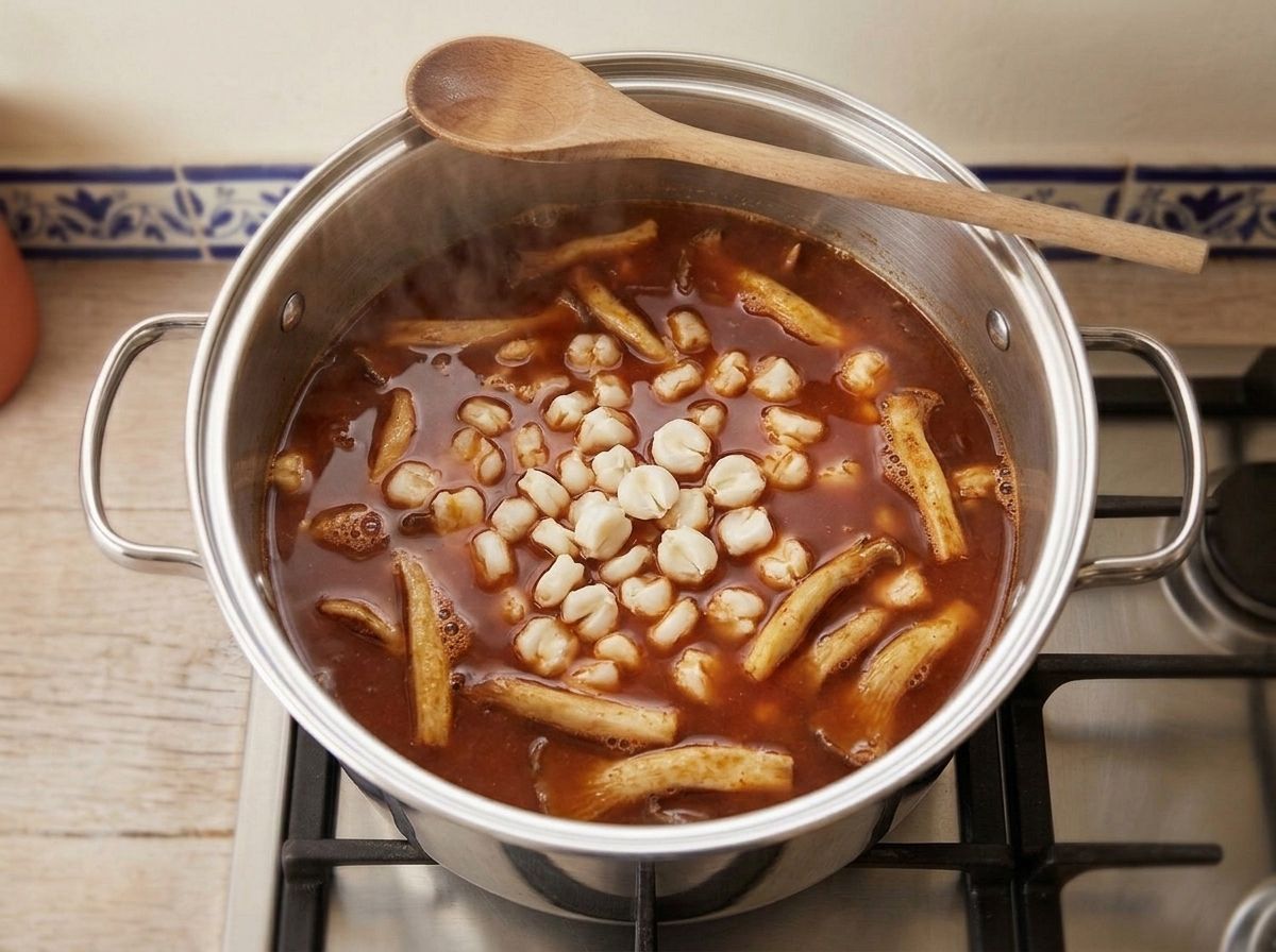 Hominy, broth and browned mushrooms simmering together in a deep red pozole broth