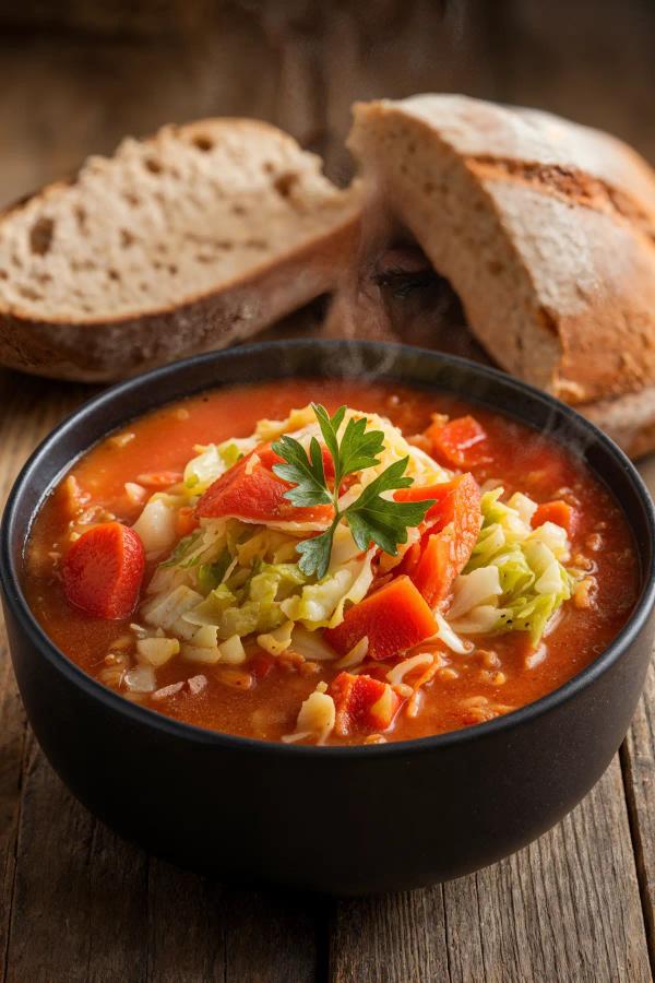 A bowl of cabbage and vegetable soup with carrots, bell peppers, and tomatoes, garnished with parsley, alongside a slice of bread.