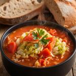 A bowl of cabbage and vegetable soup with carrots, bell peppers, and tomatoes, garnished with parsley, alongside a slice of bread.