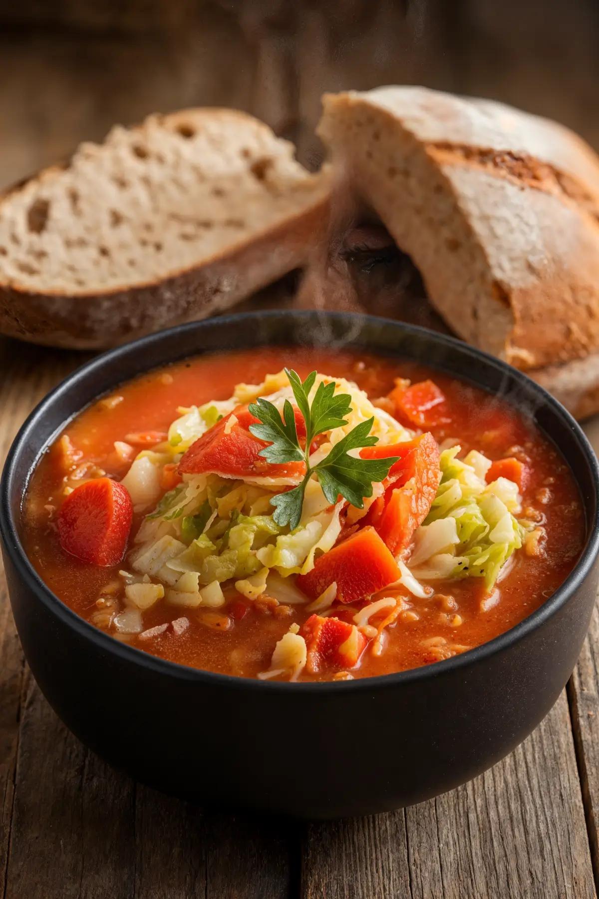 A bowl of cabbage and vegetable soup with carrots, bell peppers, and tomatoes, garnished with parsley, alongside a slice of bread.
