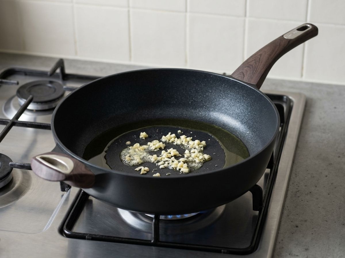 Minced garlic softening in a thin film of olive oil, barely colored, in a skillet over a low flame