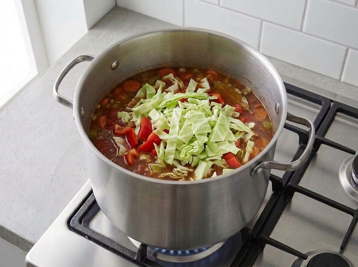 Freshly chopped pale green cabbage and red bell pepper just stirred into the simmering broth
