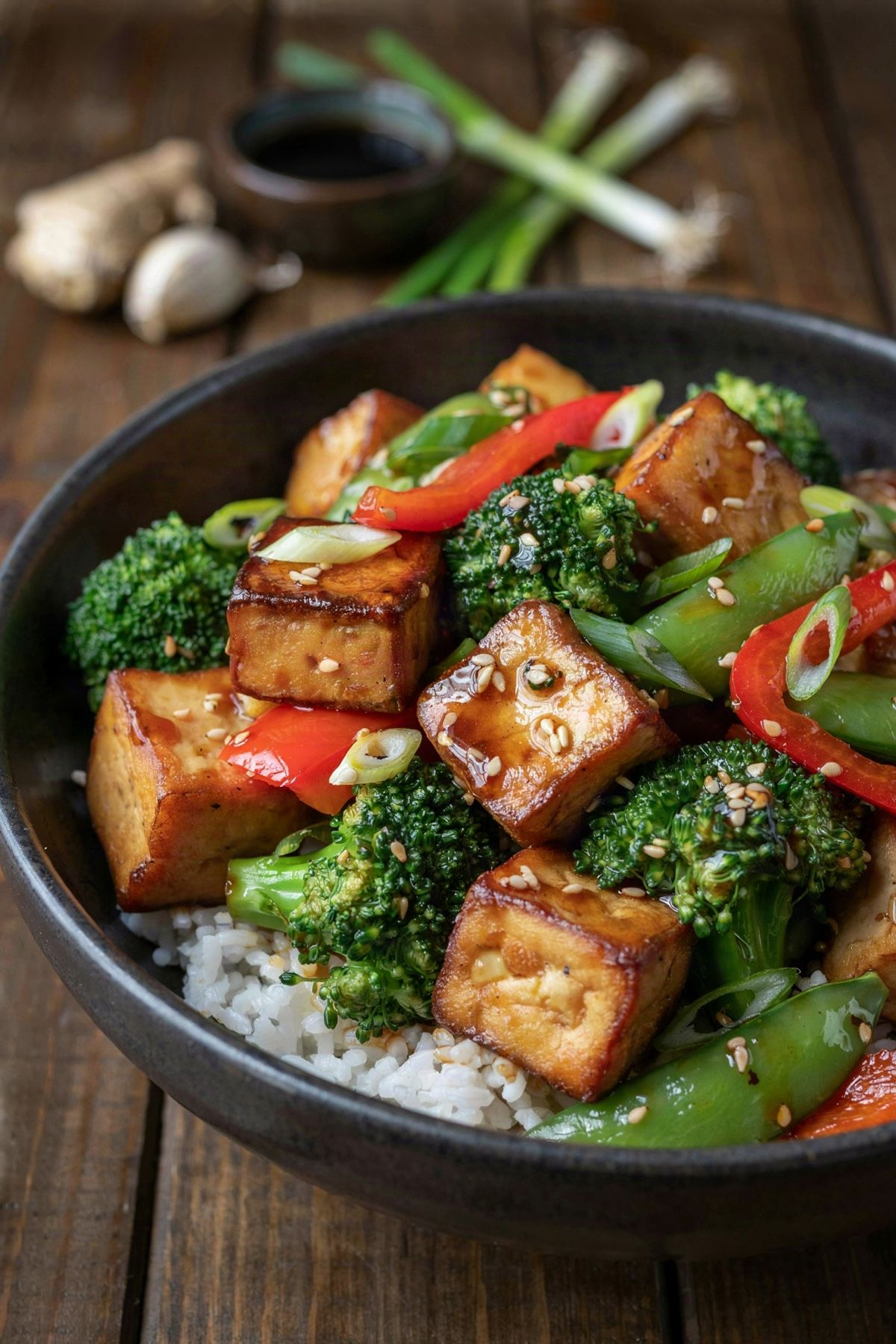 Tofu stir fry in a dark bowl, golden crisp tofu cubes with broccoli, red pepper and sugar snap peas in a glossy dark amber sauce over steamed white rice.
