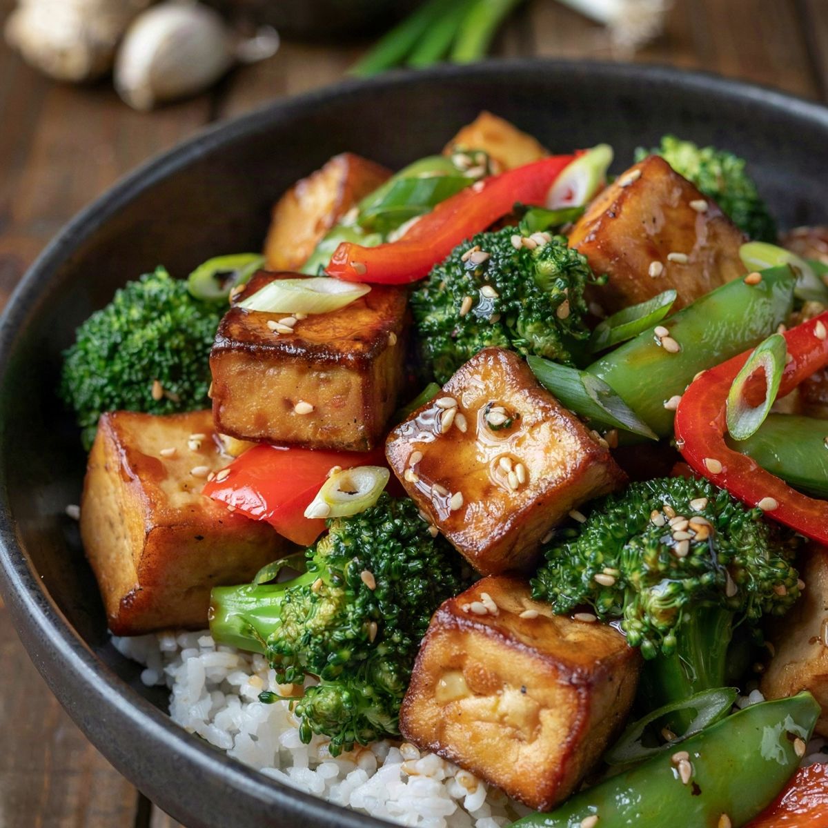 Tofu stir fry in a dark bowl, golden crisp tofu cubes with broccoli, red pepper and sugar snap peas in a glossy dark amber sauce over steamed white rice.