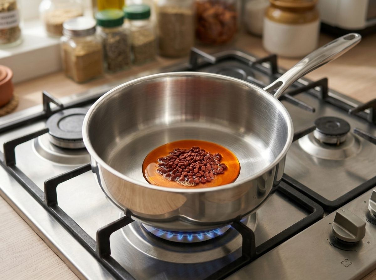 Annatto seeds blooming in a saucepan of oil that has turned deep orange-red.