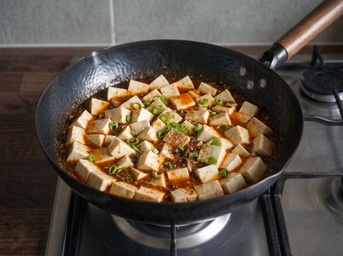 The finished mapo tofu off the heat, a full wok scattered with bright green scallion rings and ground Sichuan pepper.