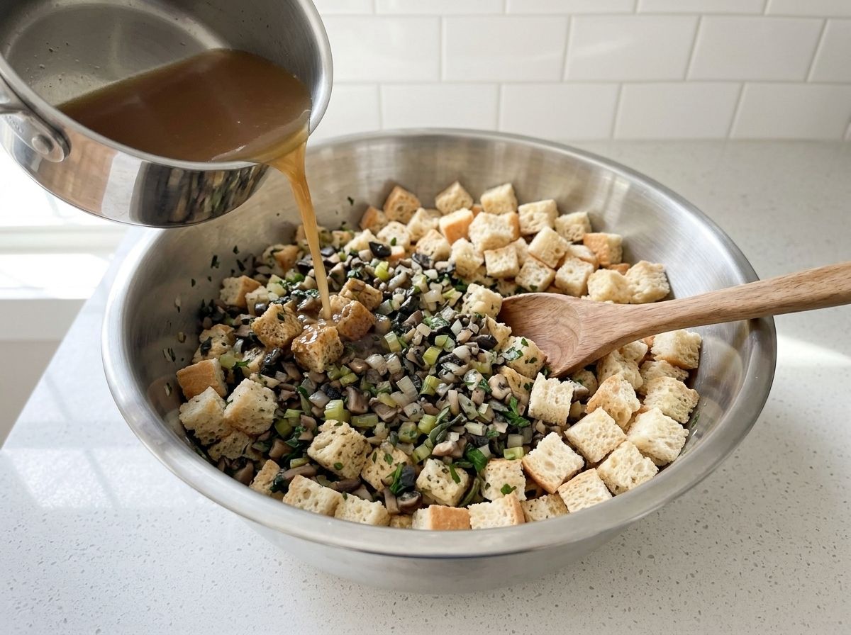 Stock poured over dried bread cubes and the cooked vegetables in a large mixing bowl.