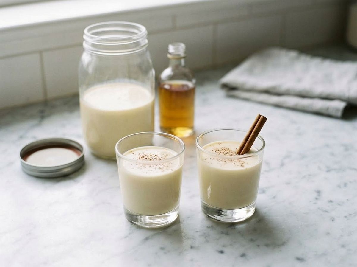 Two glasses of chilled vegan eggnog dusted with nutmeg, one with a cinnamon stick, the jar behind