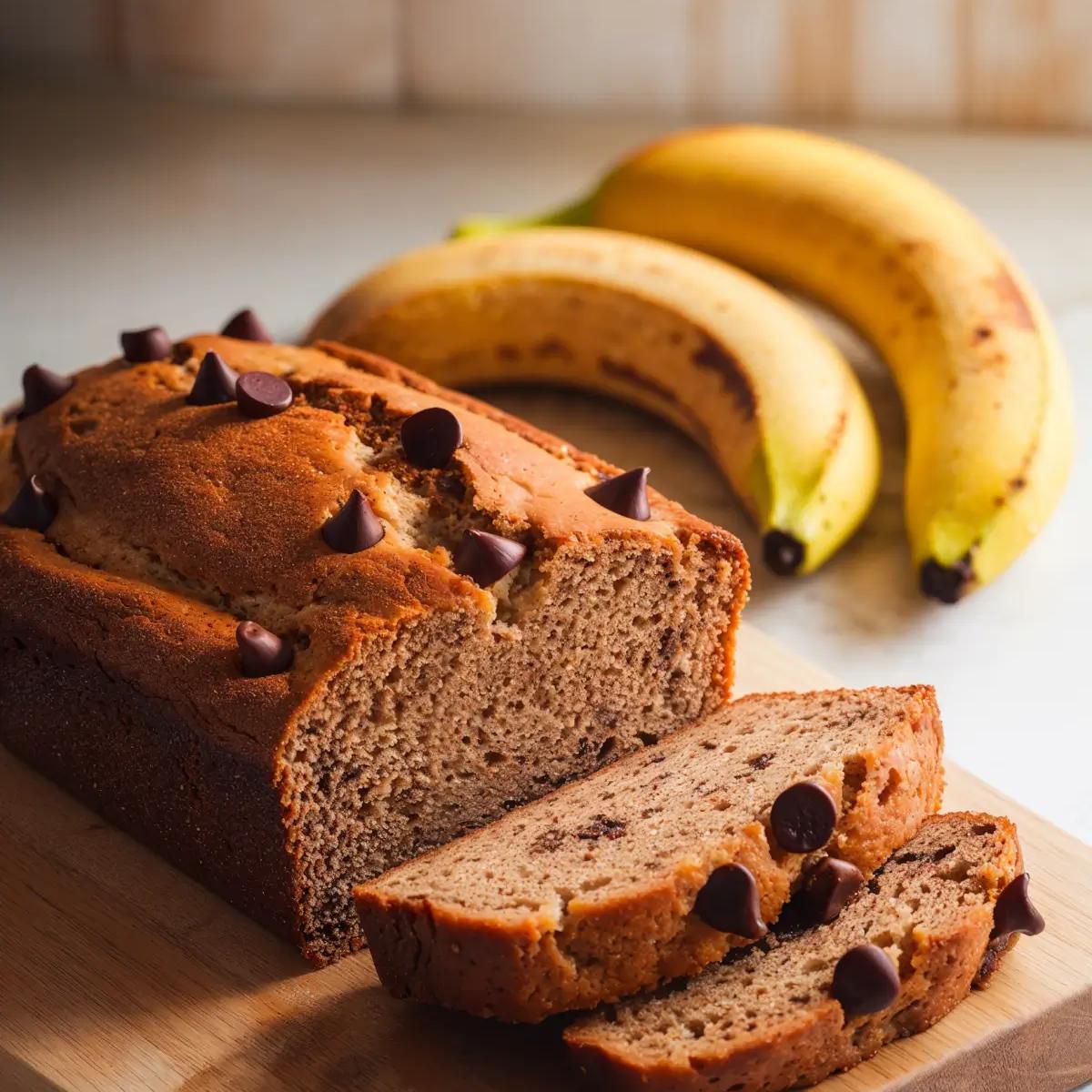 Vegan banana bread loaf surrounded by ripe bananas and walnuts on a wooden table.