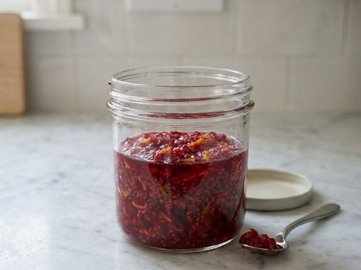 The same jar after chilling overnight, settled well below the rim and darkened to glossy ruby with syrup pooled at the bottom