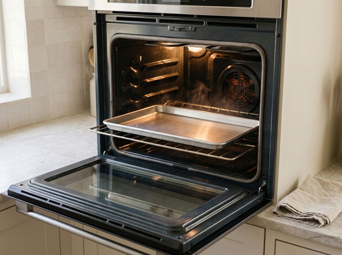 An empty rimmed baking sheet preheating on the middle rack of a hot oven