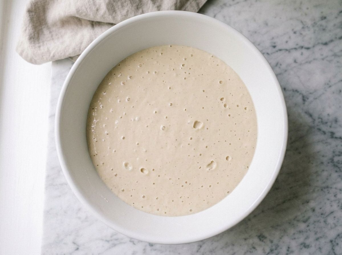 Rested pancake batter, thickened and level, with small bubbles risen across the surface