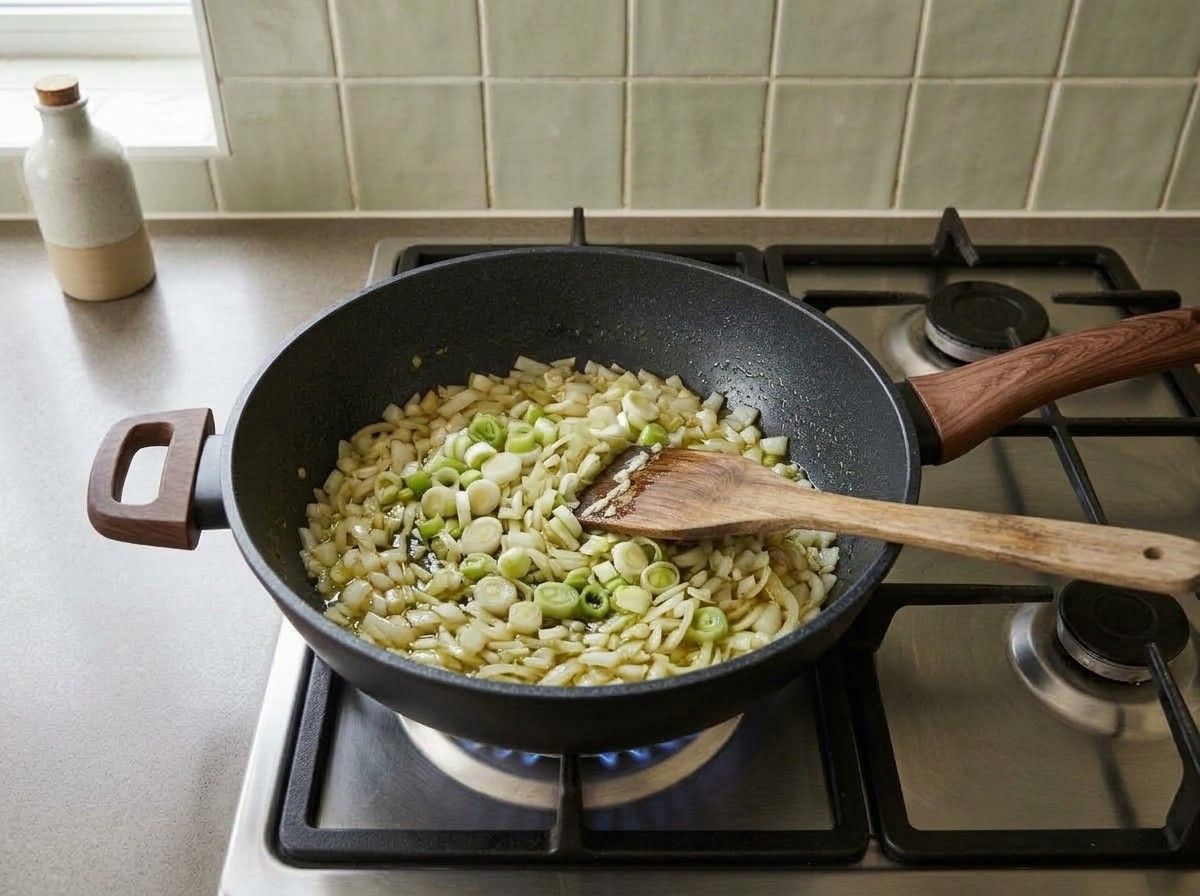 Chopped onion and scallions softening in olive oil in a skillet over a low flame