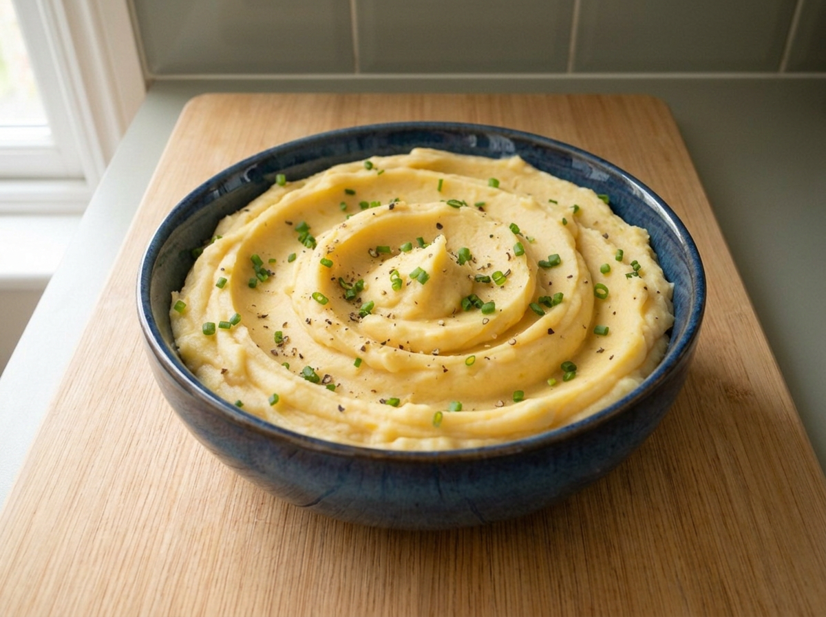 The finished vegan mashed potatoes served in a deep blue bowl with chives and black pepper.
