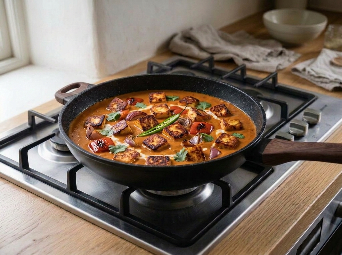 Charred paneer, pepper and onion folded into the smooth gravy off the heat, with cilantro and a slit green chile.