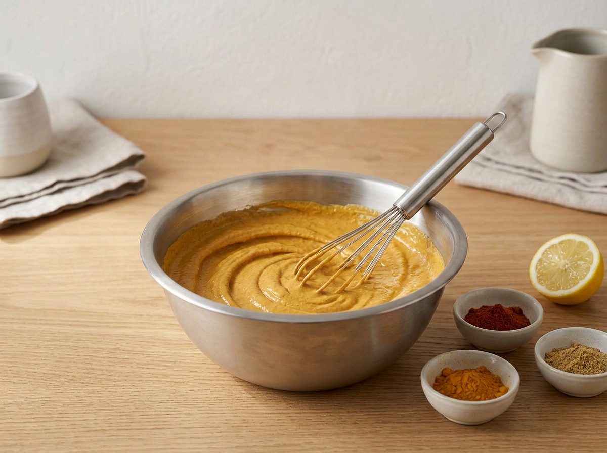 Spiced yogurt marinade whisked smooth in a steel bowl, with pinch bowls of ground spices alongside.