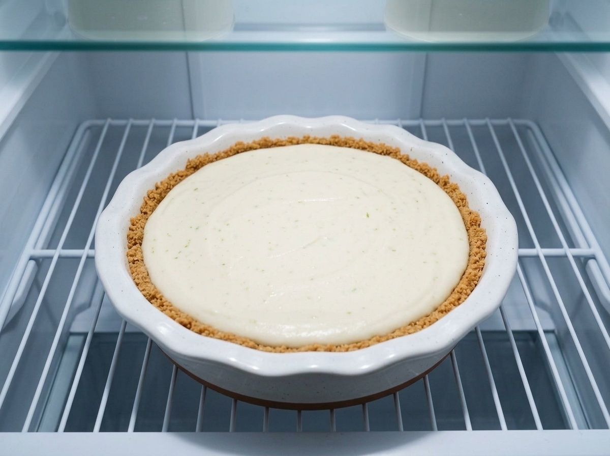 The filled pie chilling on a refrigerator shelf until the surface sets matte and firm