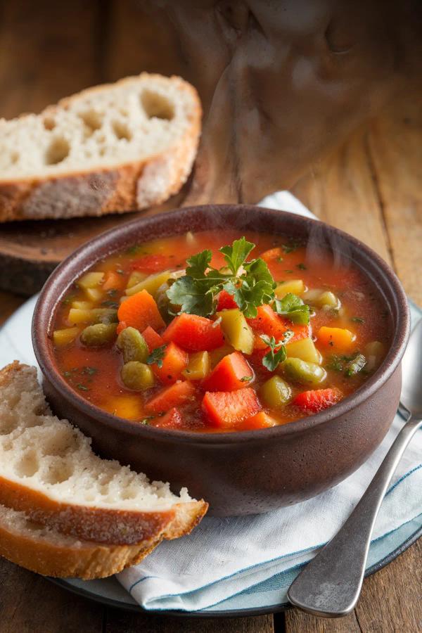 A bowl of hearty vegetable soup with colorful vegetables and parsley, accompanied by bread on a wooden table.