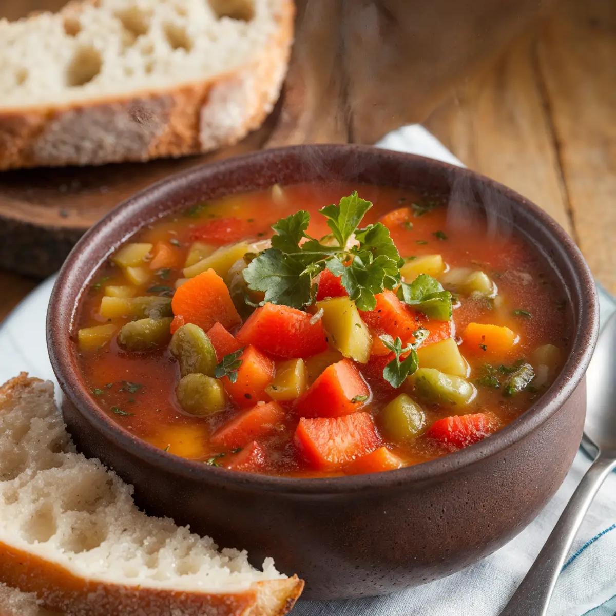A bowl of hearty vegetable soup with colorful vegetables and parsley, accompanied by bread on a wooden table.