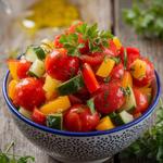 A vibrant marinated vegetable salad with cherry tomatoes, cucumbers, bell peppers, and parsley on a wooden table.