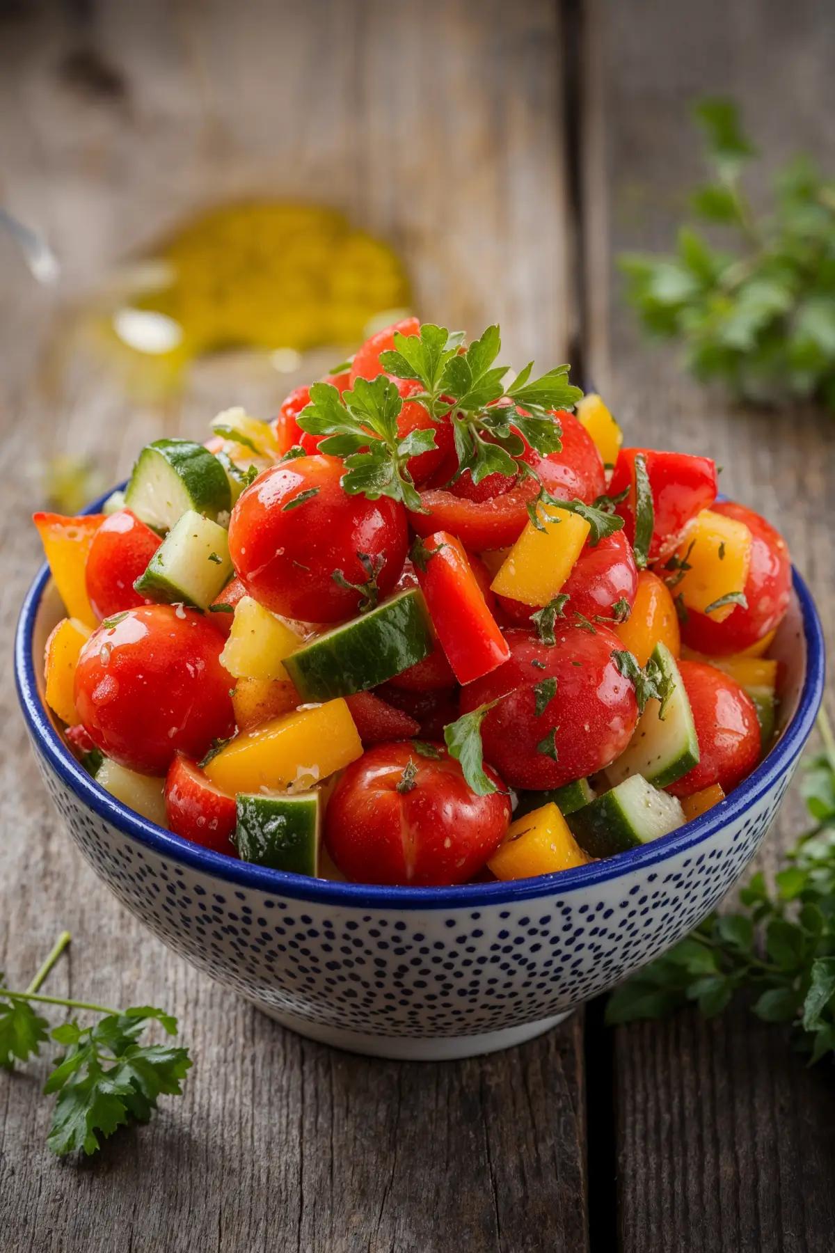 A vibrant marinated vegetable salad with cherry tomatoes, cucumbers, bell peppers, and parsley on a wooden table.