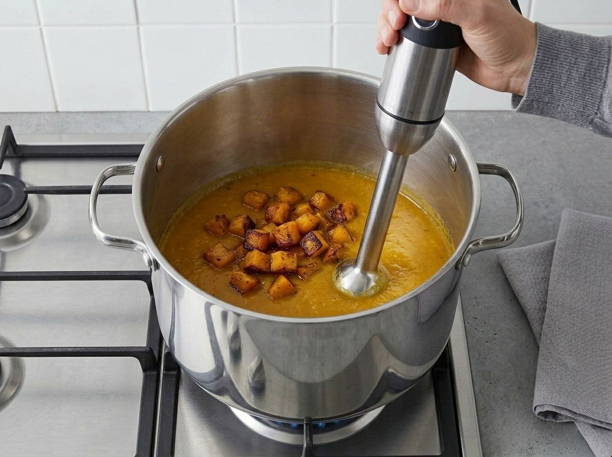 An immersion blender part way through pureeing roasted squash and broth into smooth soup