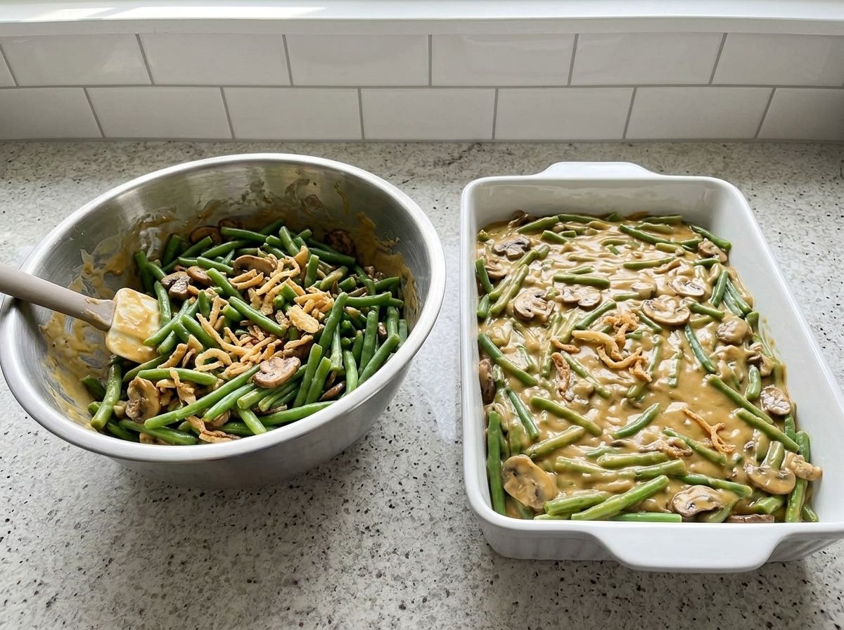 Blanched green beans folded through the mushroom sauce and scraped into a baking dish.