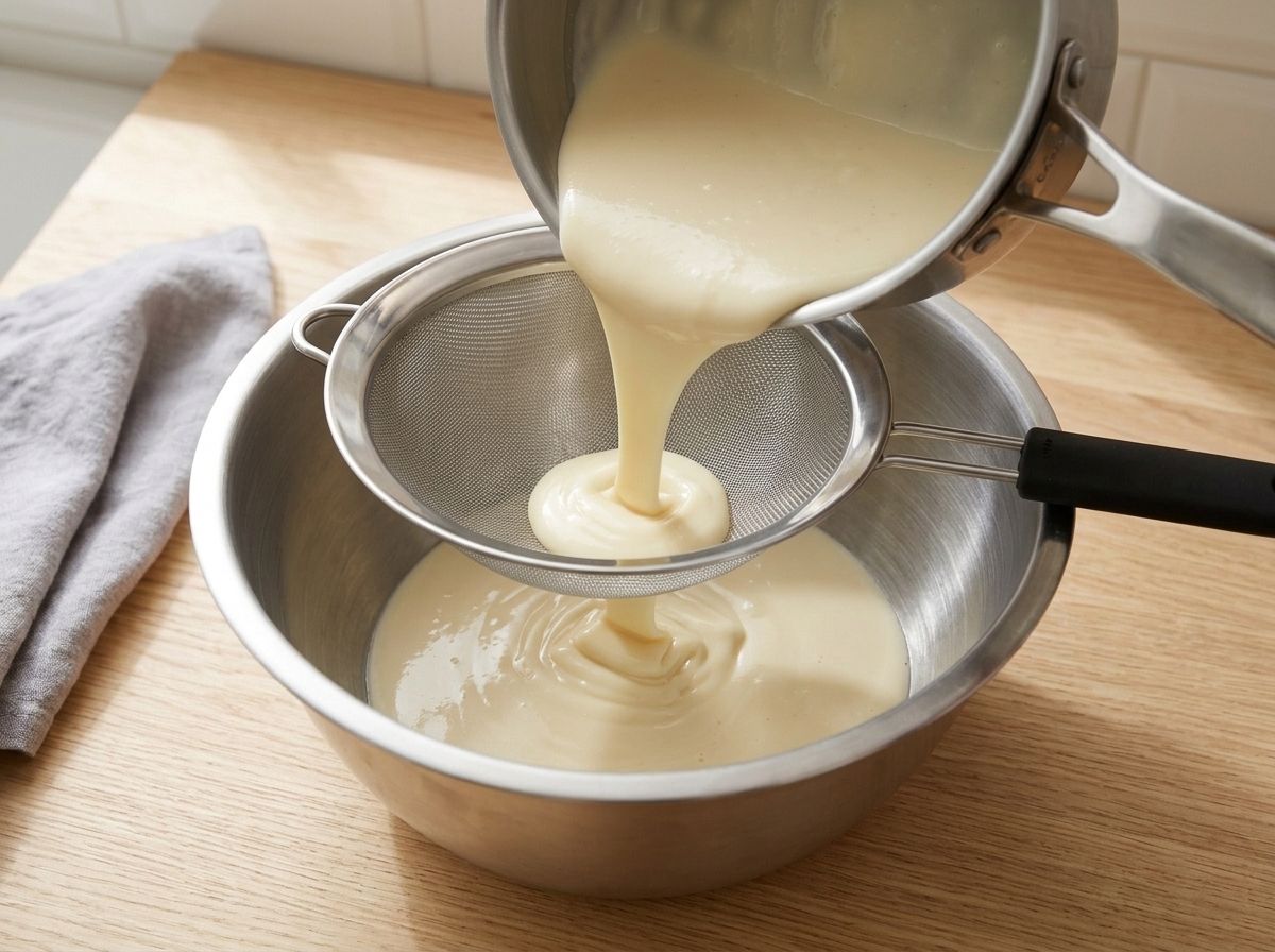 Pouring the cooked pudding through a fine-mesh strainer into a steel bowl to catch any lumps