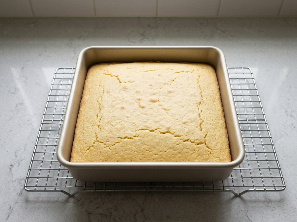 A pale gold square of baked unsweetened cornbread cooling in its square metal pan.
